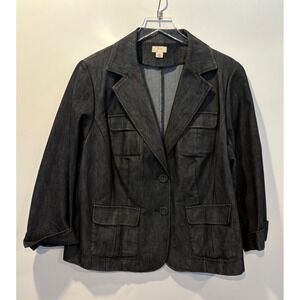 Yvos Womens 16W Denim Blazer Jacket Dark Wash Button Front Pockets